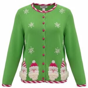 VTG Heirloom Collectibles 2XL Green Santa Claus Christmas Cardigan Sweater